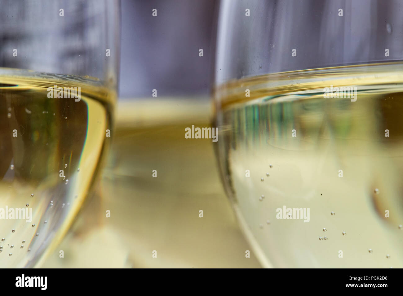 27 August 2018, Eibelstadt, Germany: Glasses with Silvaner stand on a table at the official opening of the Franconian vintage. Photo: Daniel Karmann/dpa Stock Photo