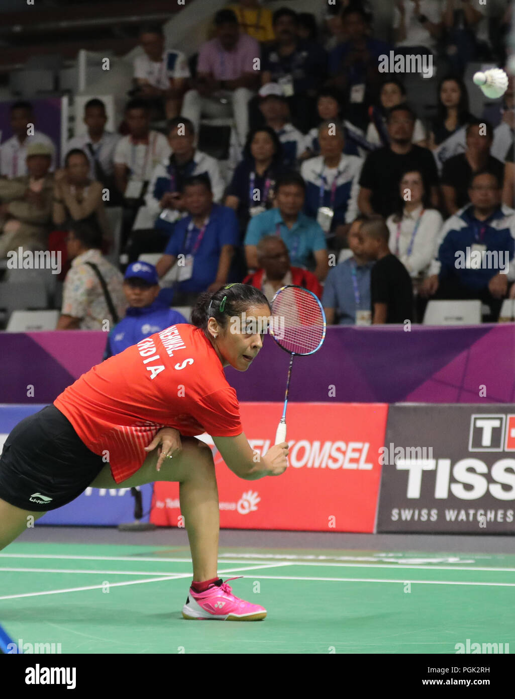 Jakarta, Indonesia, 27th Aug 2018 Badminton Semifinals Indias Saina Nehwal settled for bronze after going down to Taiwans Tai Tzu Ying 21-17, 21-14 in the semi-finals of the womens singles event in