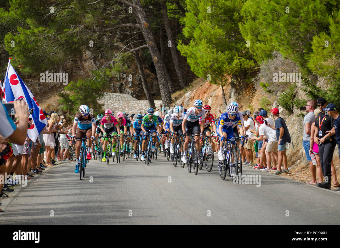La Vuelta, Spain. 27th August, 2018. Stage 3; from Mijas - Alhaurín de la Torre; 178,2 km. Andalusia, Main group arrives at km 152 near Mijas Pueblo.  Perry van Munster/Alamy Live News Stock Photo