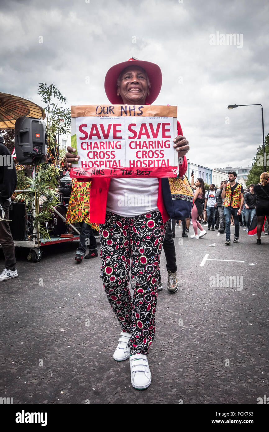 A Save Charing Cross Hospital protestor at the Notting Hill Carnival in Notting Hill, London, UK Stock Photo