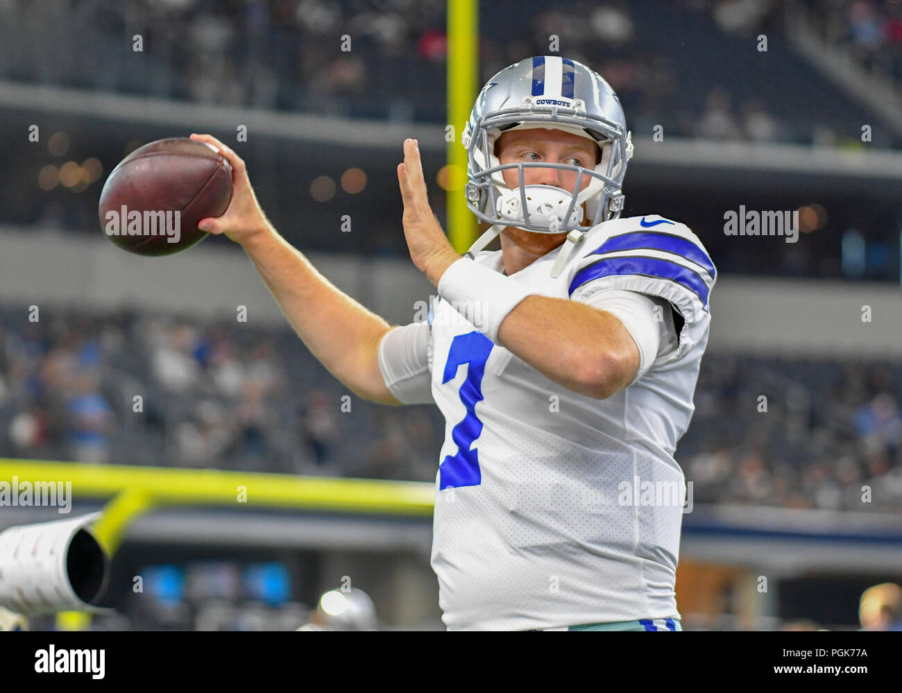 August 26, 2018: Dallas Cowboys quarterback Cooper Rush #7 warms up before  a preseason NFL football game between the Arizona Cardinals and the Dallas  Cowboys at AT&T Stadium in Arlington, TX Arizona