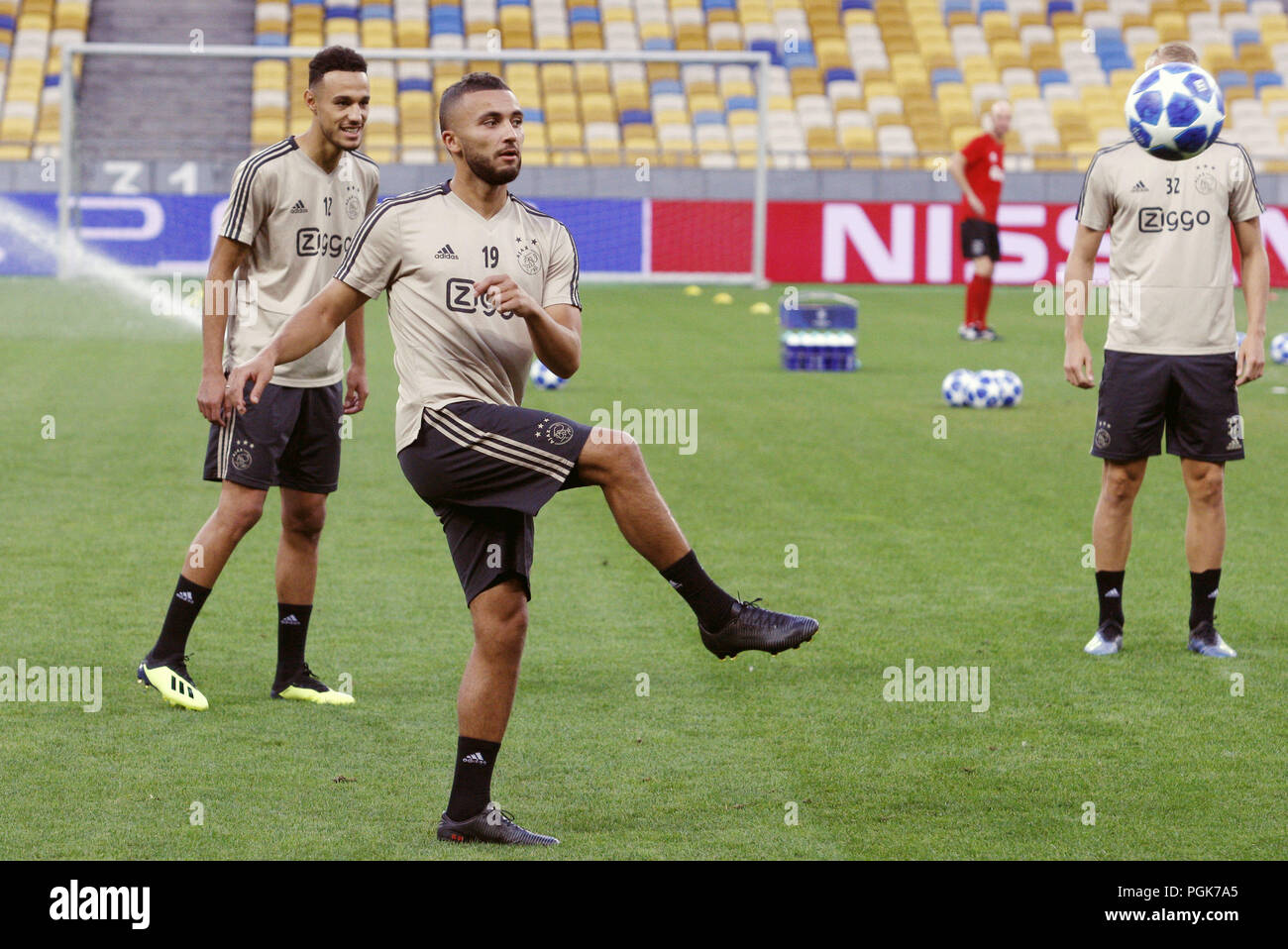 Kiev, Ukraine. 27th Aug, 2018. Ajax's ZAKARIA LABYAD (2-L) in action during  a training session of Ajax players at the Olimpiyskiy stadium in Kiev,  Ukraine, on 27 August 2018. Ajax will face