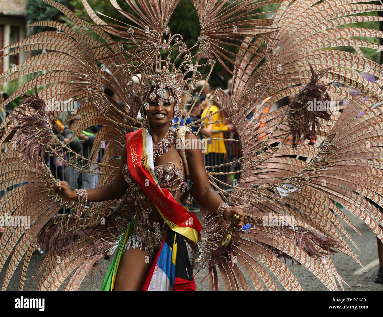 Potternewton Park, Leeds, West Yorkshire, 27th August 2018.   Performers participate in the Leeds West Indian Carnival 2018 in Leeds, UK, on Aug. 27th, 2018. The Leeds West Indian Carnival, is celebrating is 51th year in the city of Leeds. The carnival was originated in 1967 by Arthur France as a way for Afro-Caribbean communities to celebrate their own cultures and traditions, and is one of the biggest West Indian carnivals outside of London.   Credit: Stephen Gaunt/Touchlinepics.com/Alamy Live News Stock Photo