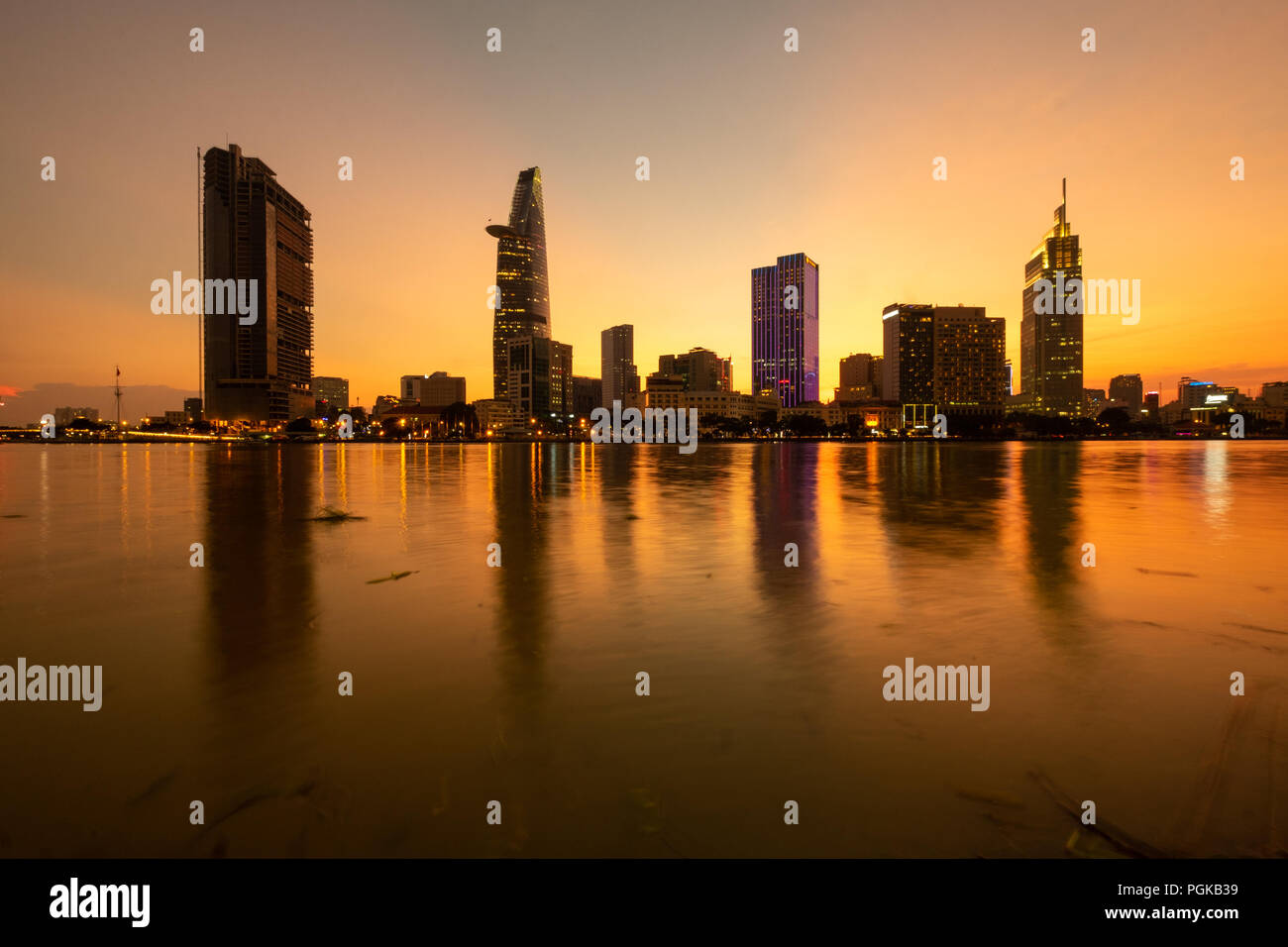 Beautiful landscape sunset of Ho Chi Minh city or Sai Gon, Vietnam. Royalty high-quality free stock image of Ho Chi Minh City with skyscraper building Stock Photo