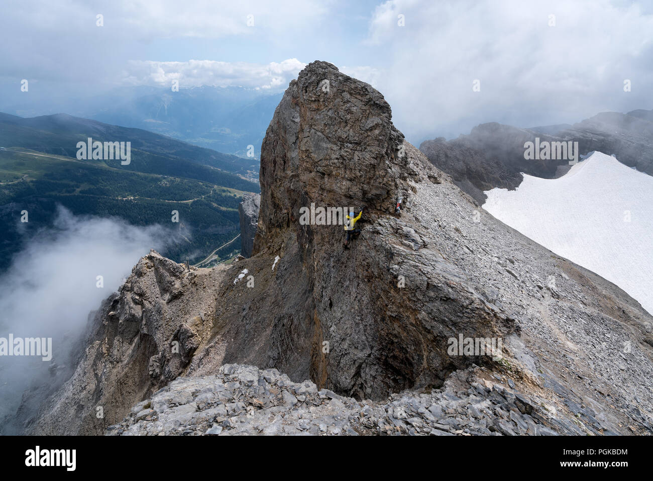 Climbing on the Gemmi-Daubenhorn via ferrata, Leukerbad, Switzerland, Europe Stock Photo