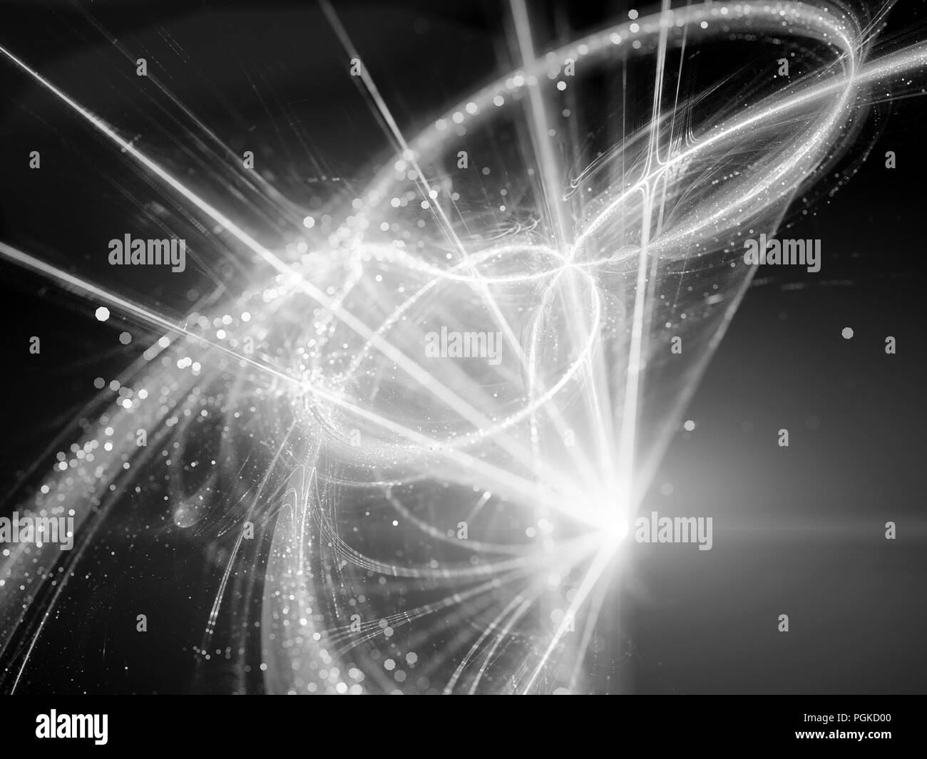 Glowing interstellar trajectories in space with light source, computer generated abstract background, black and white, 3D rendering Stock Photo