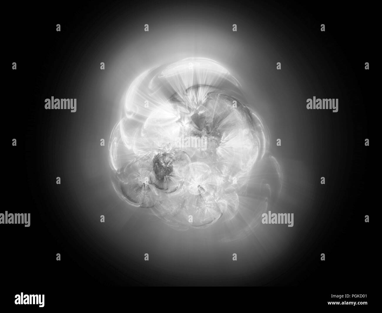 Glowing fusion in space, black and white effect, computer generated abstract background, 3D rendering Stock Photo