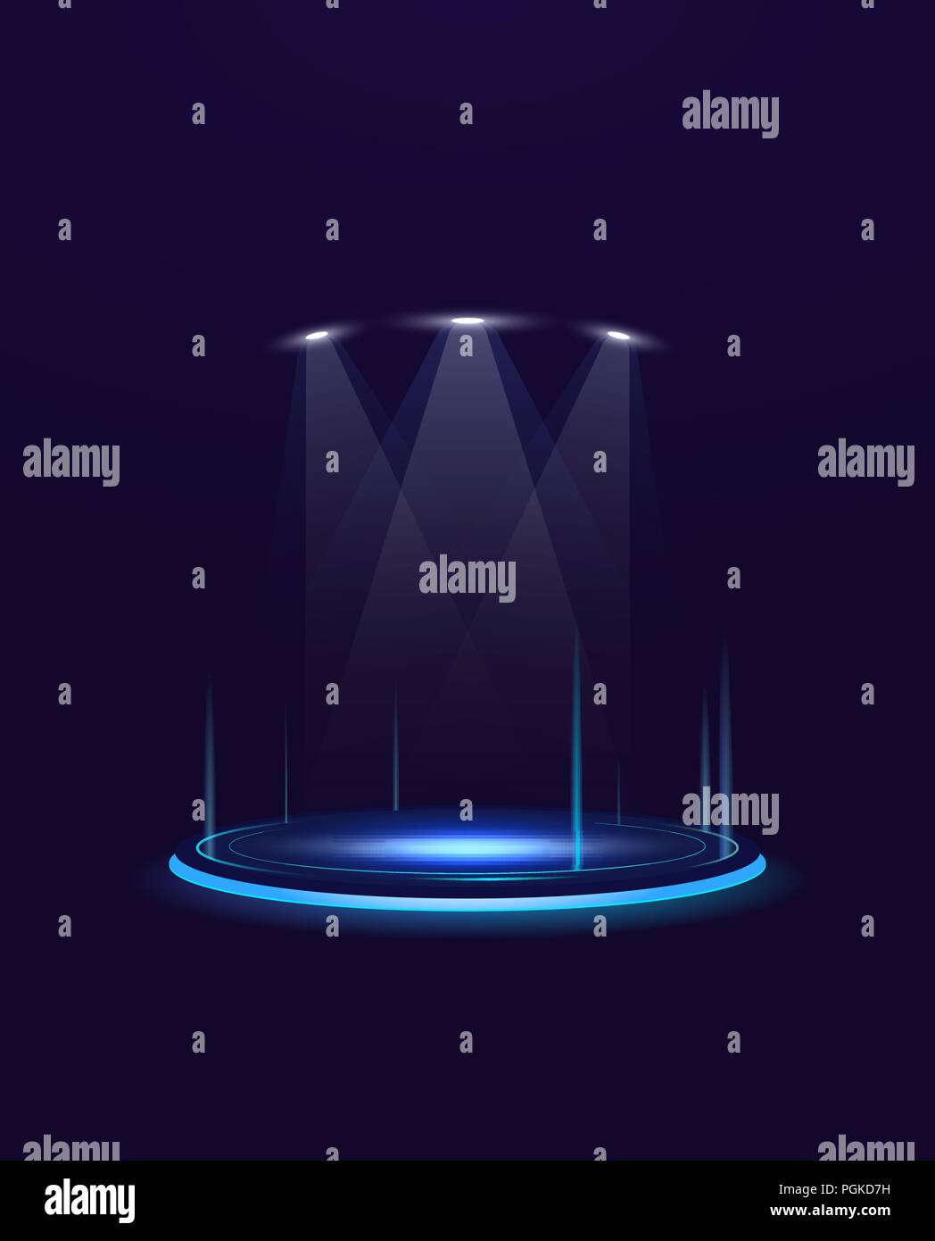 Glowing pedestal with glowing flares and spotlights. Blue neon glowing circles on the floor. Shining projectors from above. Performance or show spot l Stock Vector