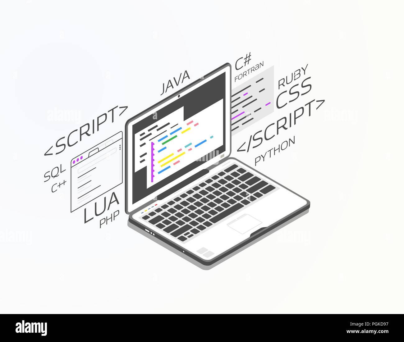 Isometric laptop with software for development. Soft, web or game development software. Web pages and window, and site. Coding notebook concept. Black Stock Vector