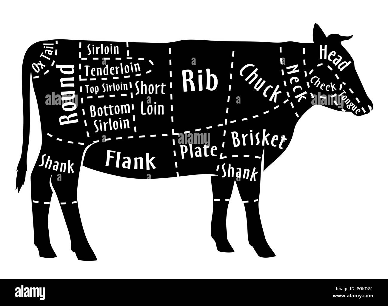 Cut of beef, diagram for butcher. Beef cut Stock Vector