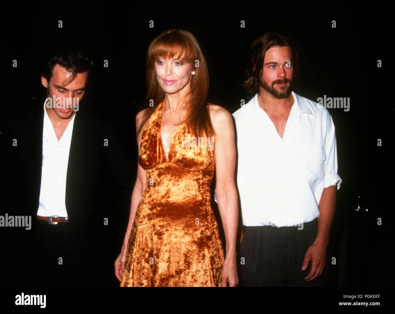 BEVERLY HILLS, CA - AUGUST 19: (L-R) Director Tom DiCillo, actress Tina Louise and actor Brad Pitt attend the 'Johnny Suede' Beverly Hills Premiere on August 19, 1992 at the Laemmle's Fine Arts Theatre in Beverly Hills, California. Photo by Barry King/Alamy Stock Photo Stock Photo