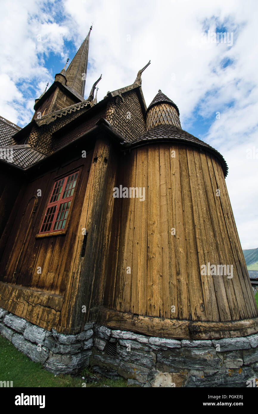 Lillehammer Church Norway style type spire spires wood wooden oak beams tall family stones stone dark amazing Jesus God Holy brown outside Stock Photo