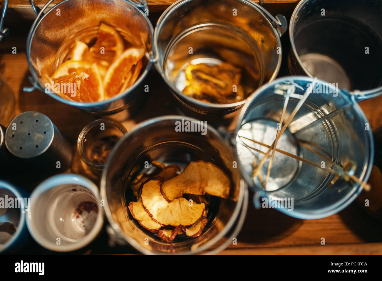 Buckets with beverages closeup, top view, nobody. Alcoholic drinks preparation, bartending Stock Photo