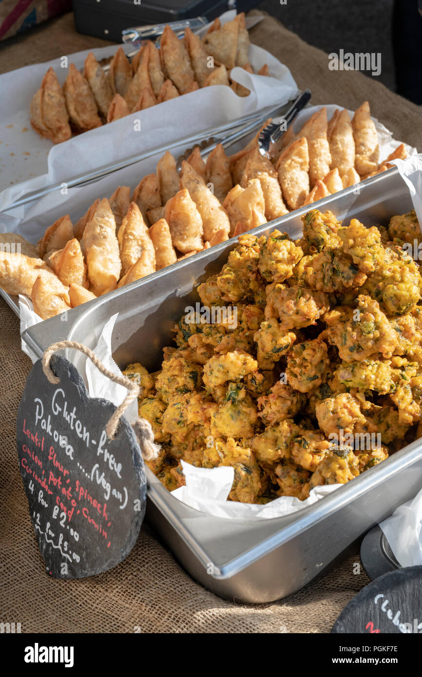 Stall selling pakora at Deddington farmers market. Deddington