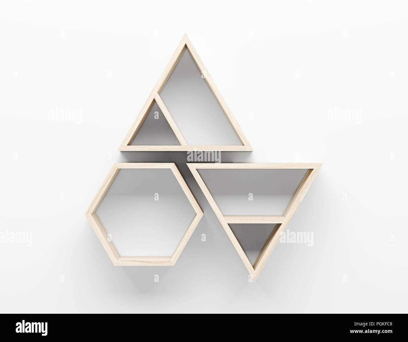 empty wooden shelves on white wall with light from the top. 3d ...