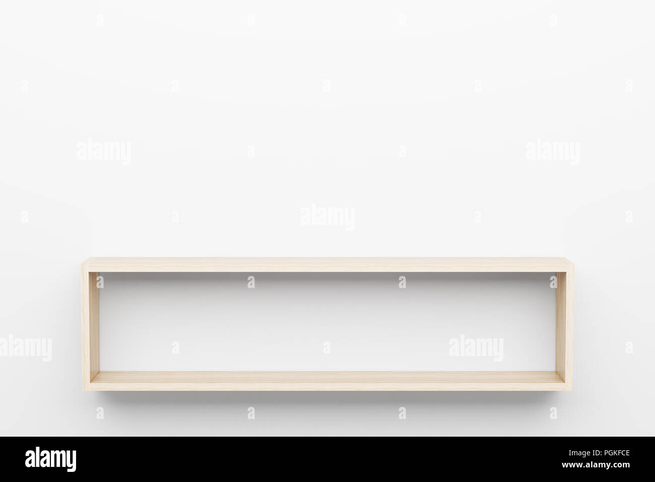 empty wooden shelves on white wall with light from the top. 3d ...