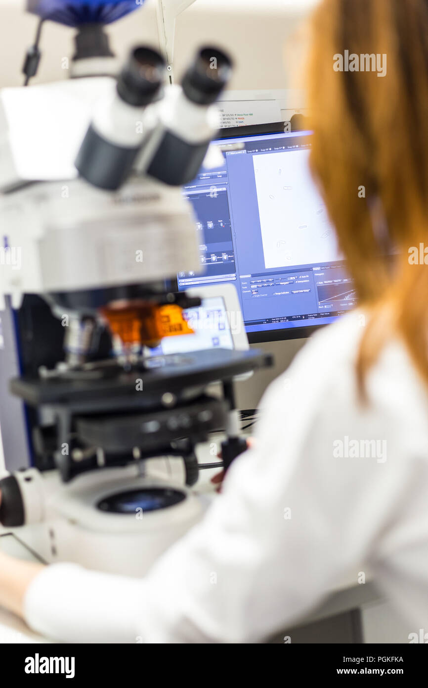 Female scientist microscoping on hi-tec fluorescent microscope. Health care professional in hes working environment. Stock Photo