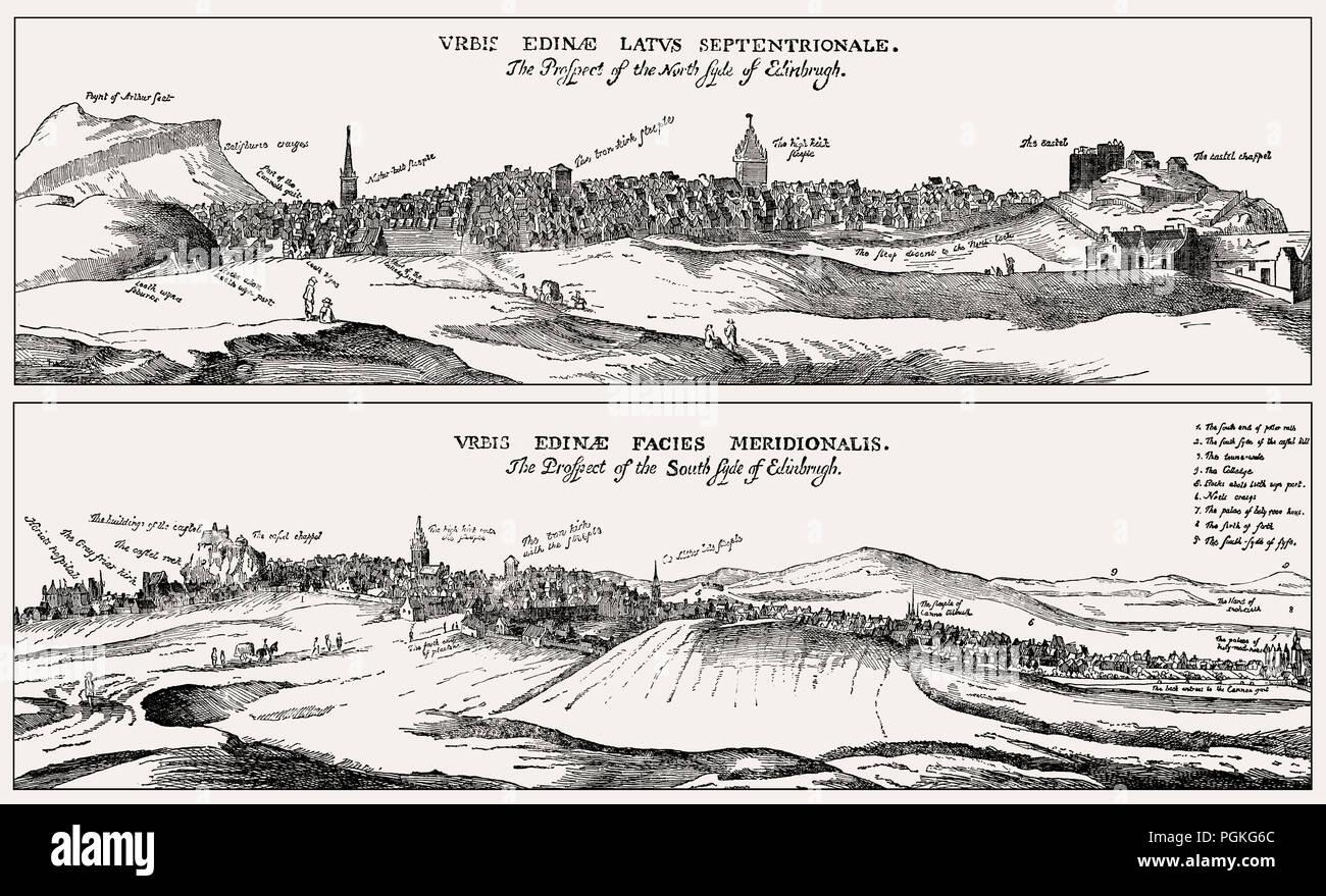 Cityscape of Edinburgh from the north and the south in 1647, Scotland Stock Photo