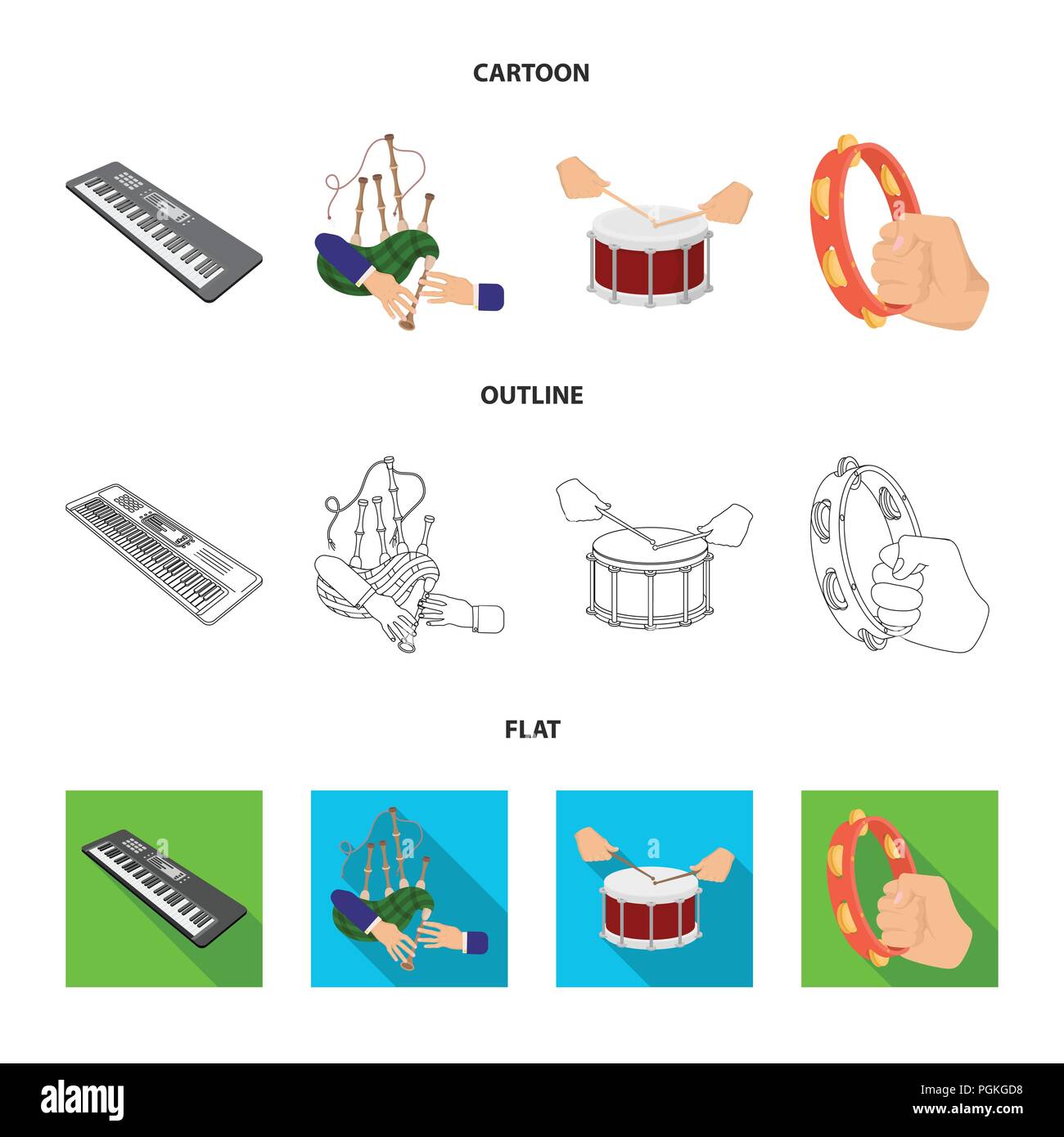Synthesizer melodies, bagpipes Scotch and other  icon in cartoon,outline,flat style. drum, drum roll, tambourine in hand icons in set collection. Stock Vector