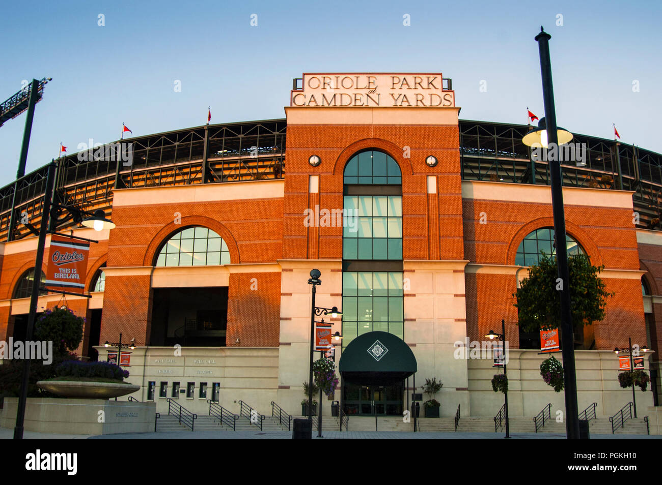 Oriole Park at Camden Yard front facade of the retro-style ballpark design, Baltimore, Maryland. Stock Photo