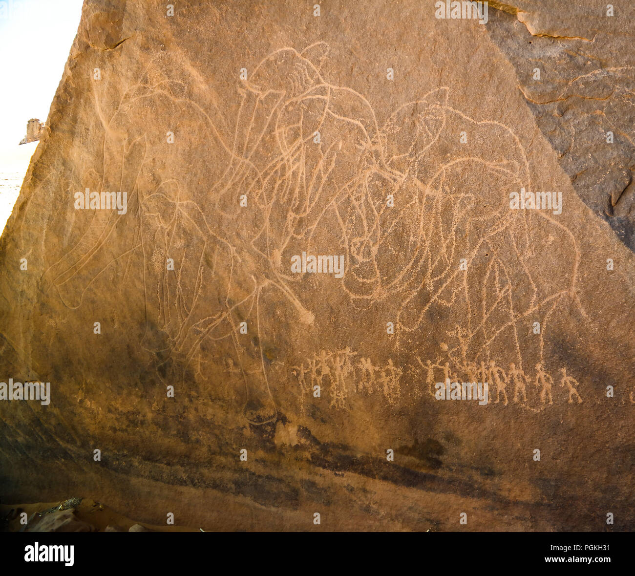 elephant and men- Cave paintings and petroglyphs at Boumediene in Tassili nAjjer national park, Algeria Stock Photo