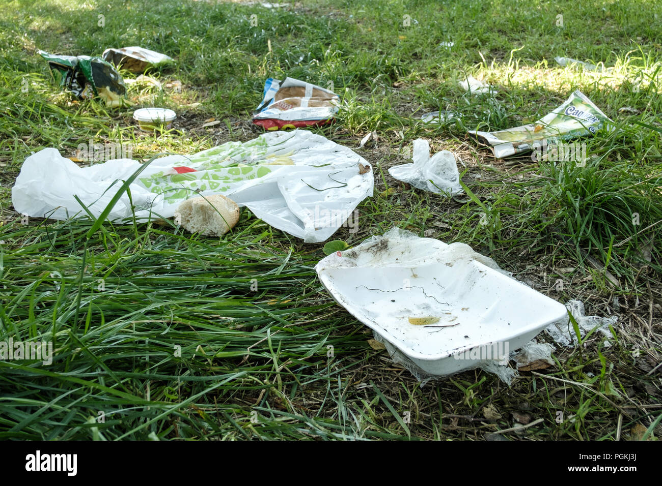 plastic garbage thrown in the grass Stock Photo