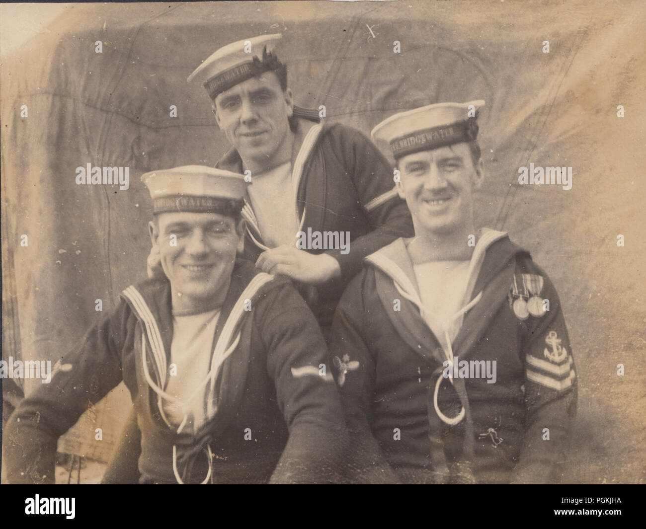 Vintage Photograph of Three Royal Navy Sailors From H.M.S.Bridgewater Stock Photo