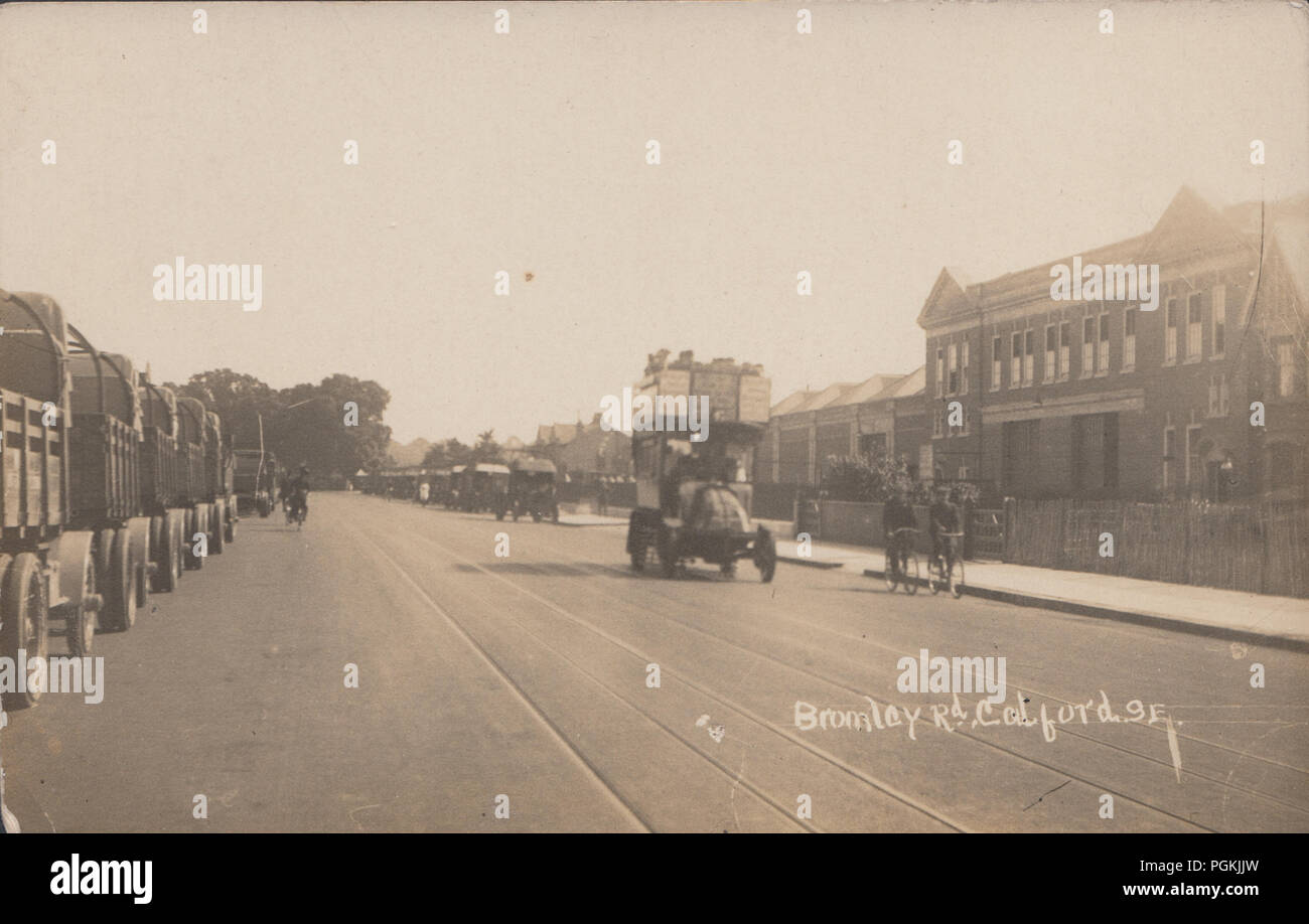 Vintage Photograph of Army Trucks on Bromley Road, Catford, London, England Stock Photo
