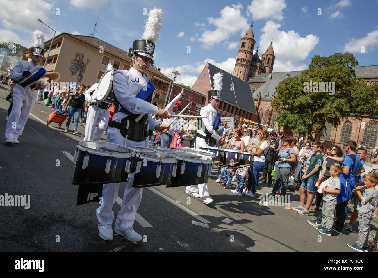 Worms, Germany. 26th Aug, 2018. The Heartliner marching band from Ludwigshafen marches in the parade. The first highlight of the 2018 Backfischfest was the big parade through the city of Worms with over 70 groups and floats. Community groups, music groups and businesses from Worms and further afield took part. Credit: Michael Debets/Pacific Press/Alamy Live News Stock Photo