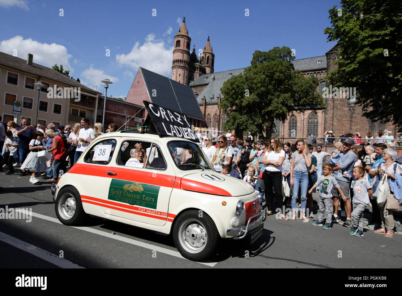 Worms, Germany. 26th Aug, 2018. A Fiat Abarth 500 vintage car partakes in the parade. The first highlight of the 2018 Backfischfest was the big parade through the city of Worms with over 70 groups and floats. Community groups, music groups and businesses from Worms and further afield took part. Credit: Michael Debets/Pacific Press/Alamy Live News Stock Photo