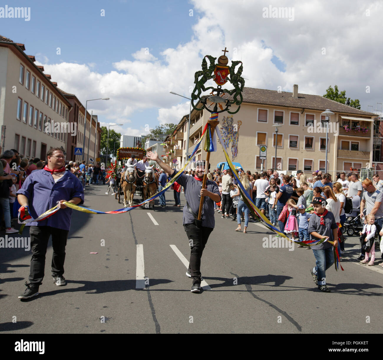 Worms, Germany. 26th Aug, 2018. Members of the old fishermen's guild of Worms march in the parade. The first highlight of the 2018 Backfischfest was the big parade through the city of Worms with over 70 groups and floats. Community groups, music groups and businesses from Worms and further afield took part. Credit: Michael Debets/Pacific Press/Alamy Live News Stock Photo