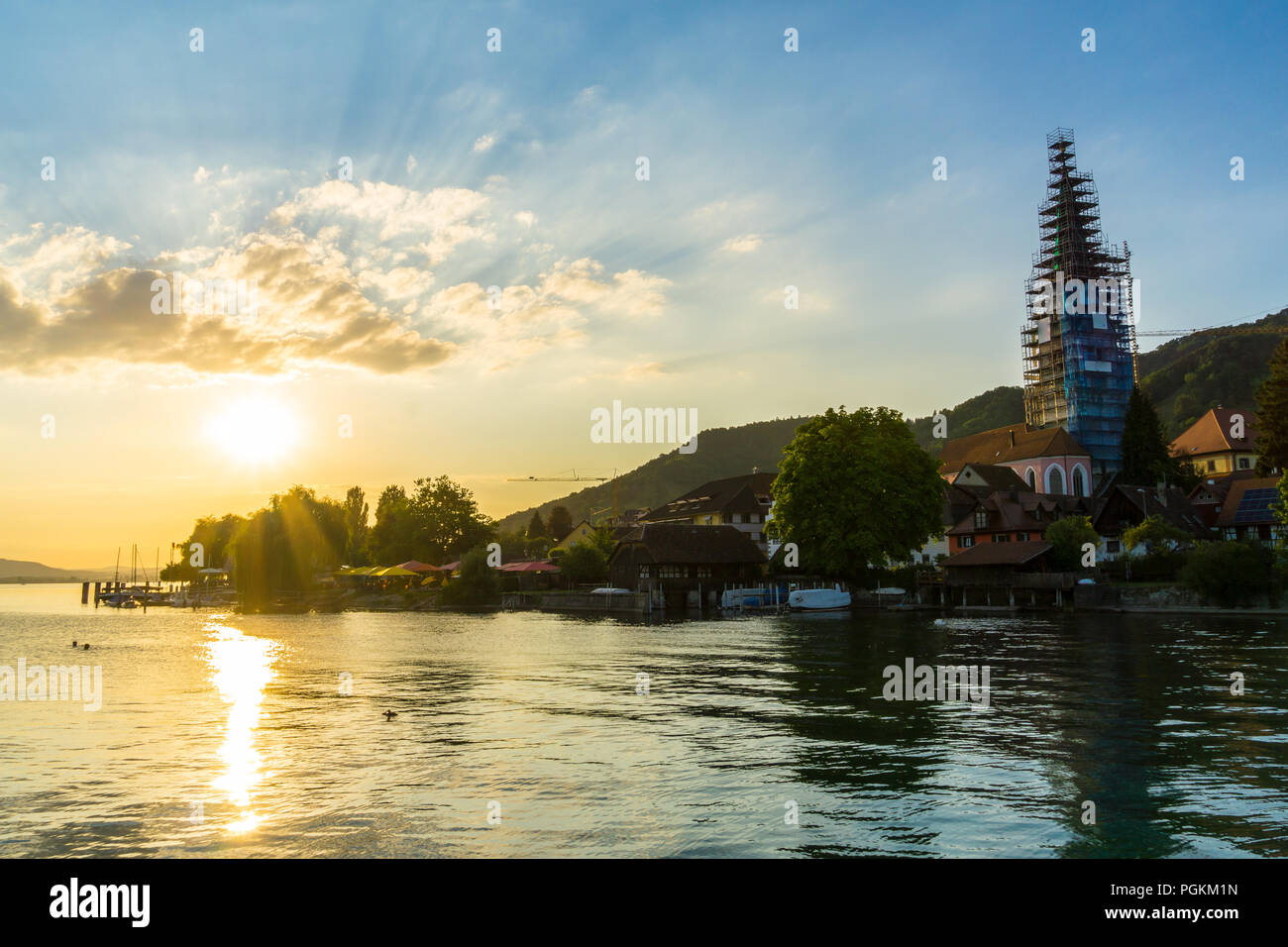Germany, Little village sipplingen at coast of lake constance at sunset Stock Photo