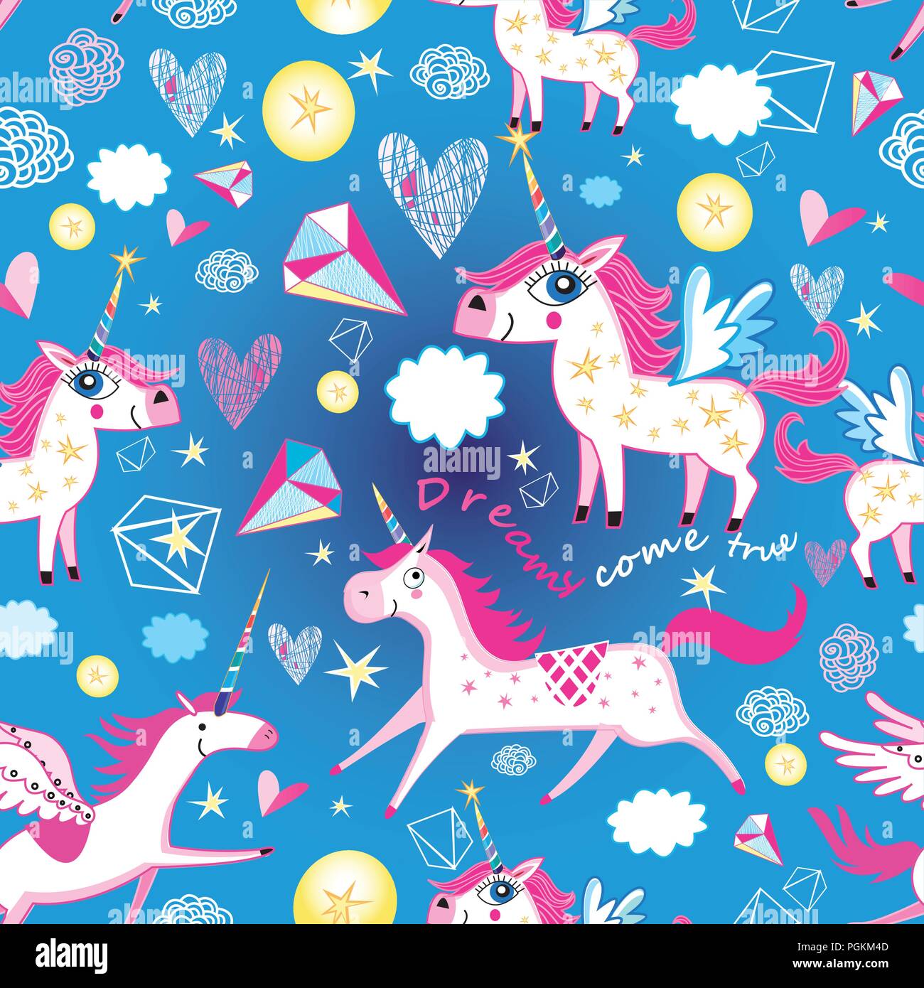 Seamless funny pattern from unicorns on a light blue background Stock Vector