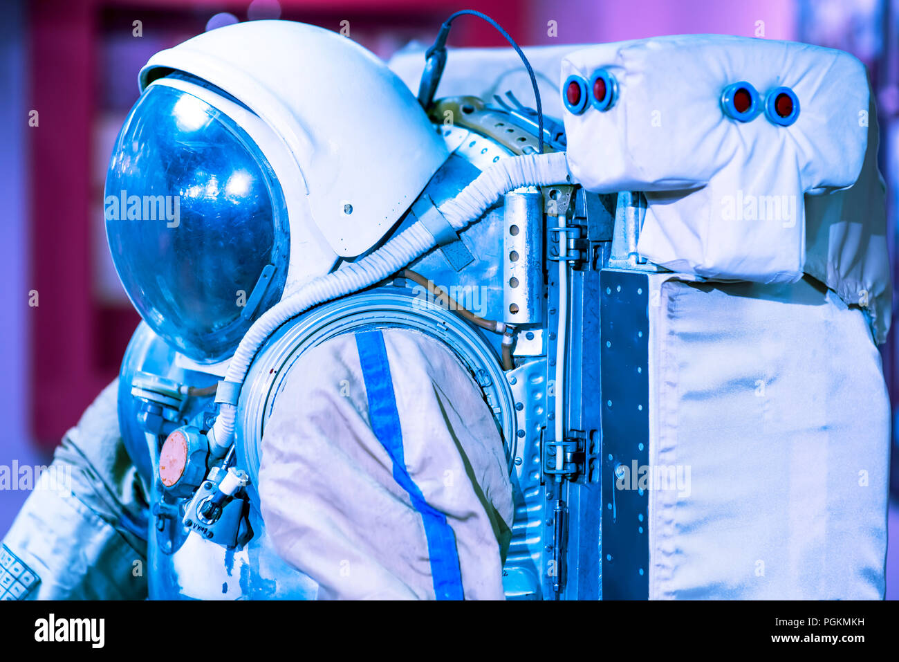 A astronaut and cosmonaut perform work on a space station while deap space. Stock Photo