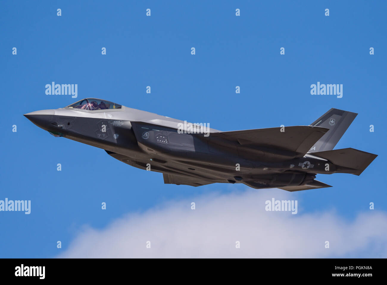 US Air Force Lockheed Martin F-35 Lightning II jet fighter plane at RIAT, Royal International Air Tattoo airshow, RAF Fairford. F-35A CTOL Stock Photo