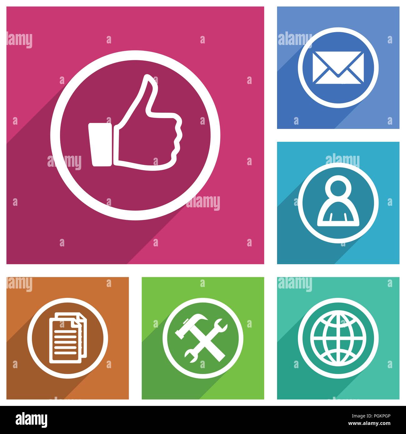 Web and internet social media vector icons, like, tools, globe, envelope, human, email flat design banners in eps 10. Stock Vector