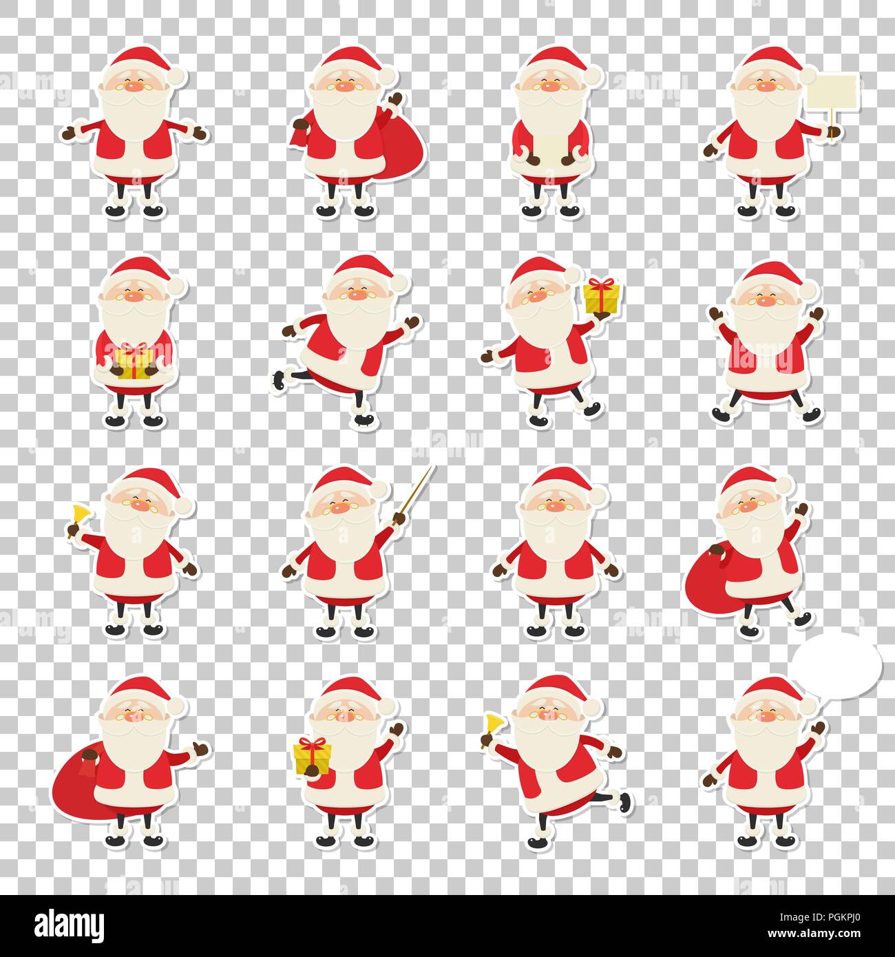 Cute vector Santa Claus paper sticker icon set in flat style isolated on transparency grid background, christmas collection, xmas and New year 2019 character in different poses. Funny Santa with different emotions. Design template for graphics Stock Vector
