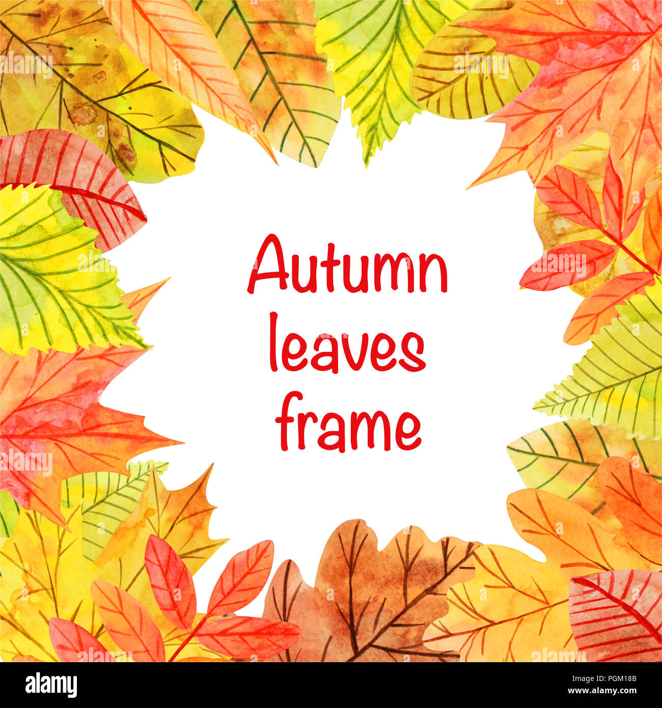 Square inner frame of watercolor autumn leaves with place for text on ...