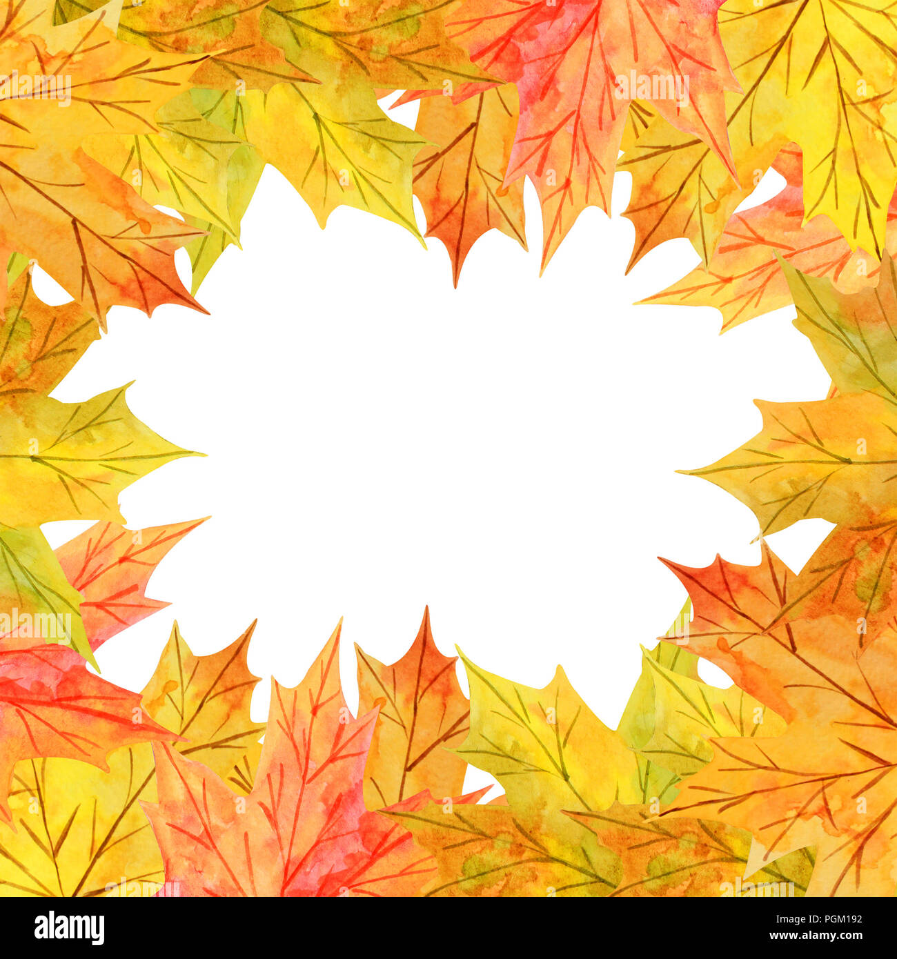 Square inner frame of watercolor autumn leaves with place for text on ...