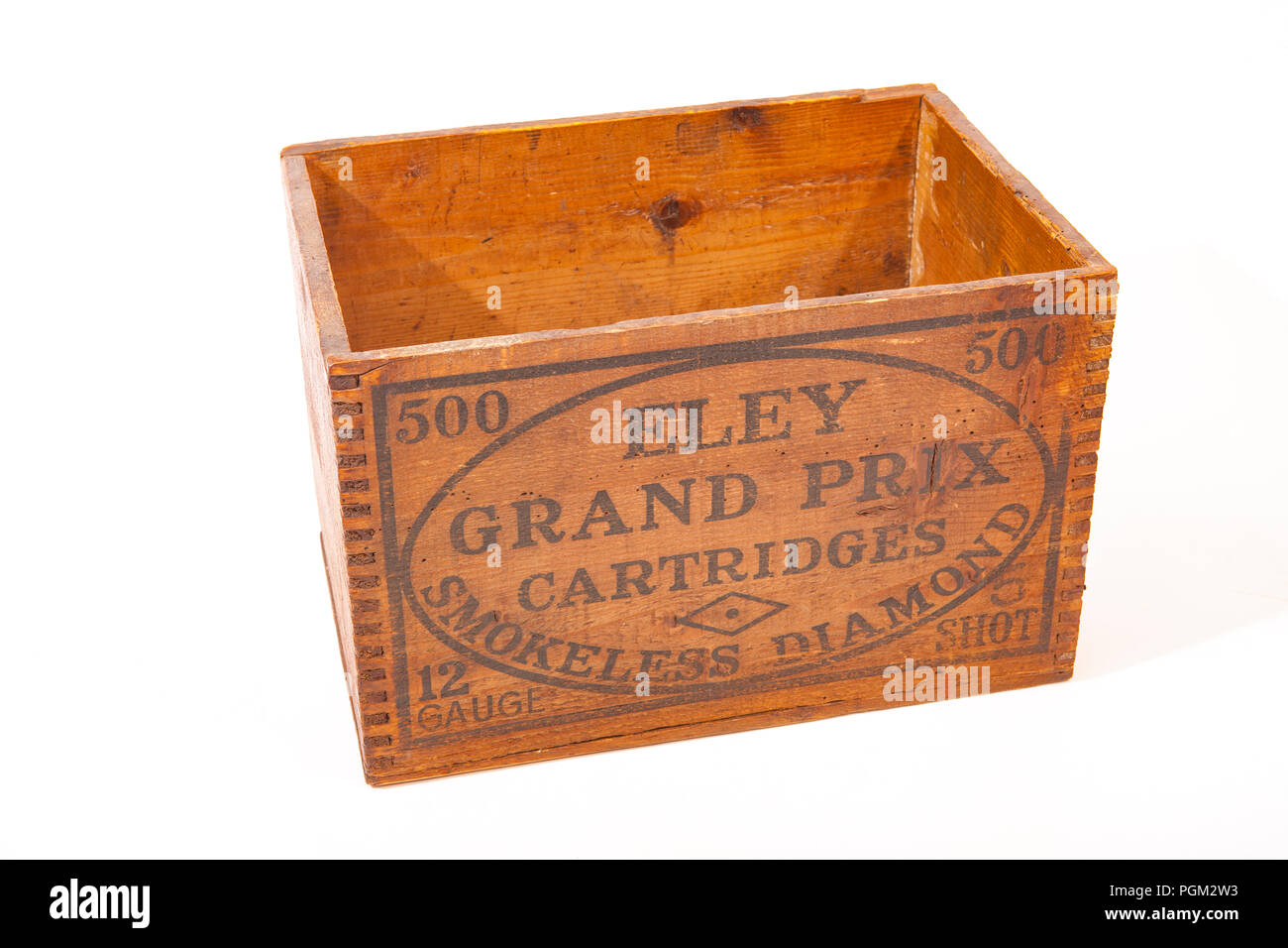 An old Eley Grand Prix 12 gauge/bore wooden cartridge box. From a collection sporting collectibles. North Dorset England UK GB Stock Photo
