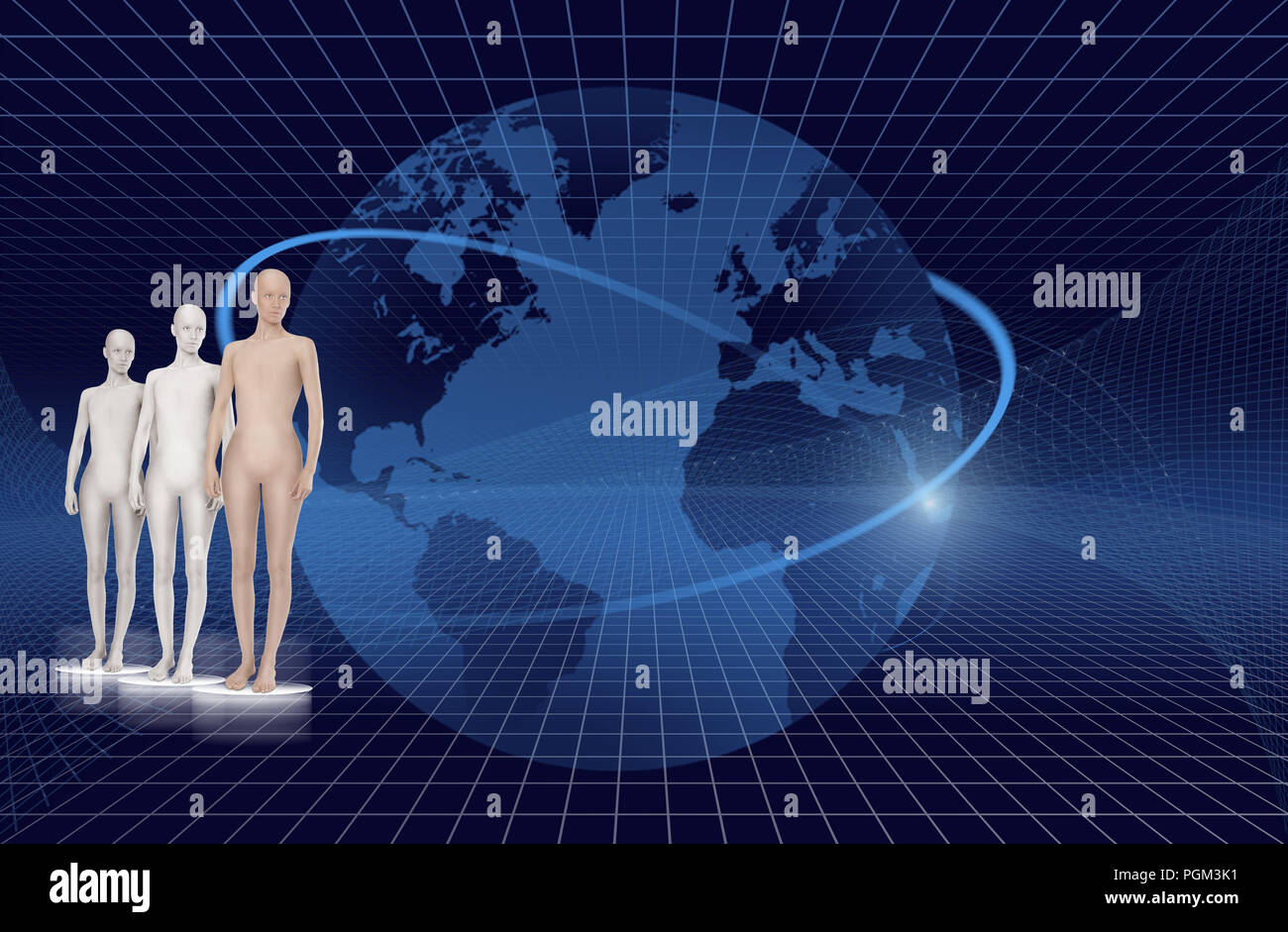 three cyborg in front of a blue grid graphic and the world globe, artificial intelligence Stock Photo