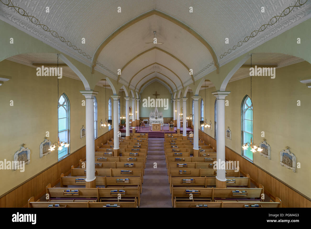 Inteiror of the historic St. Peter's Roman Catholic Church on the Cabot Trail in Ingonish Beach, Nova Scotia Stock Photo