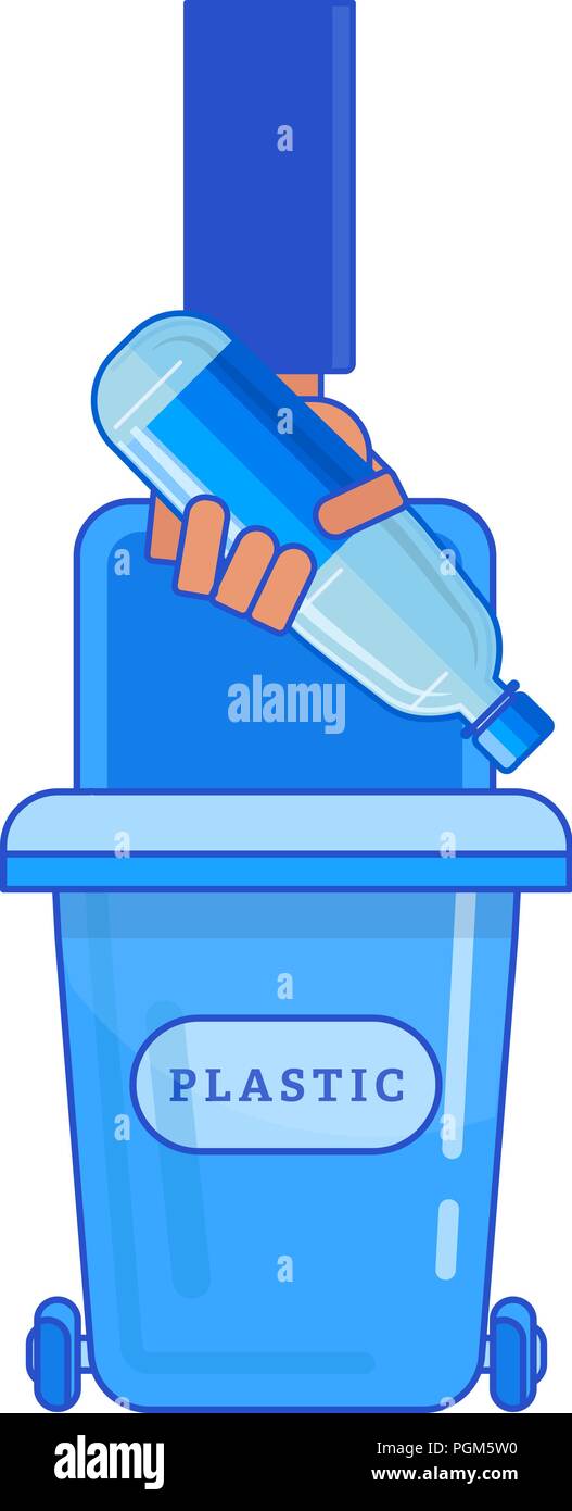 Man hand throwing away plastic bottle stump in garbage container. Vector flat cartoon