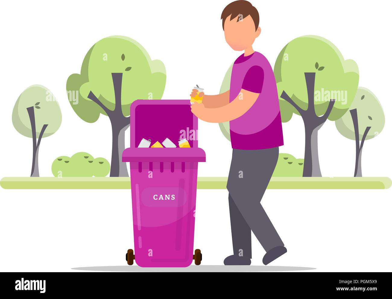 Trash sorting. Protect the environment. Man throws a garbage in the trash. Vector illustration. Stock Vector