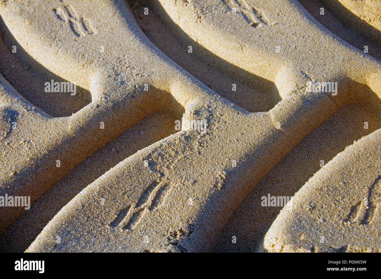 Traces of tires on the yellow sand, close up, morning, summer Stock Photo