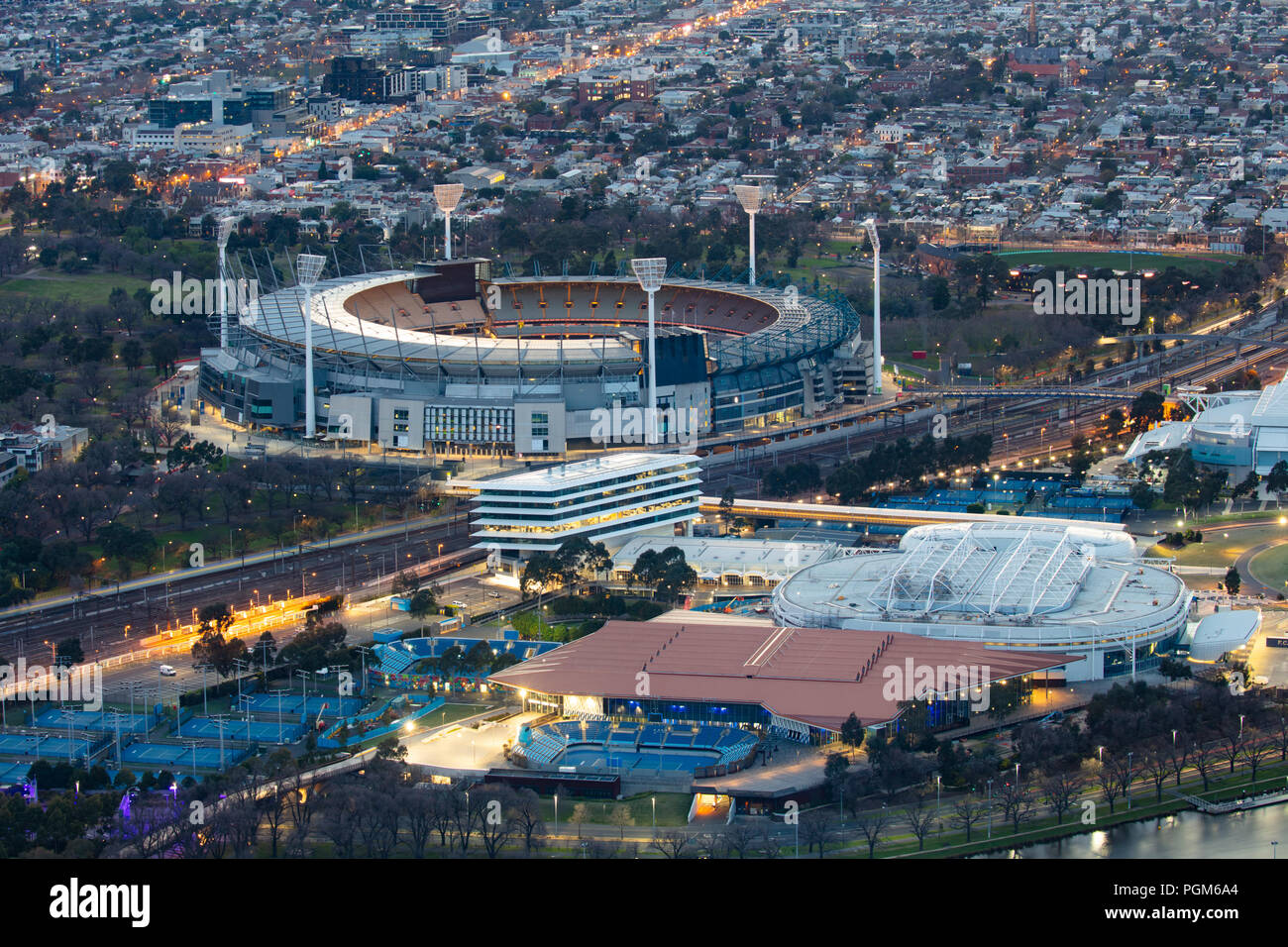 Melbourne sports precinct of Melbourne Park and the MCG at sunrise in Victoria, Australia Stock Photo