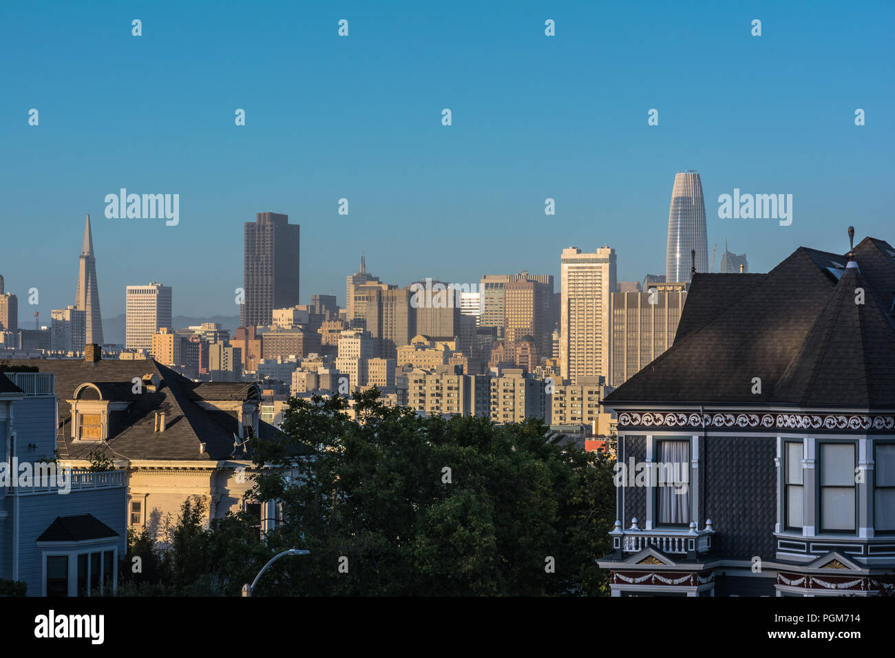 San Francisco,California,USA - June 12, 2018 : Skyline of San Francisco from Alamo Square at sunset Stock Photo