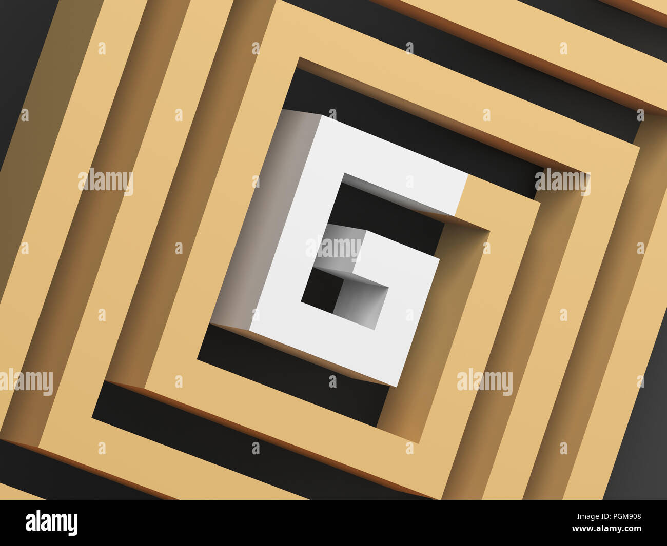 Abstract yellow square spiral with white section in shape of G letter, 3d render illustration Stock Photo