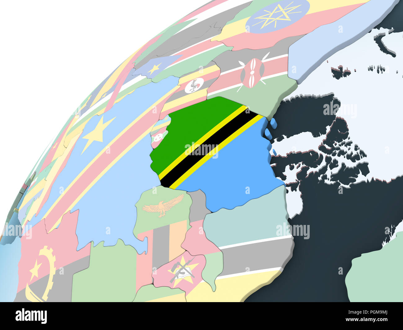 Tanzania on bright political globe with embedded flag. 3D illustration ...