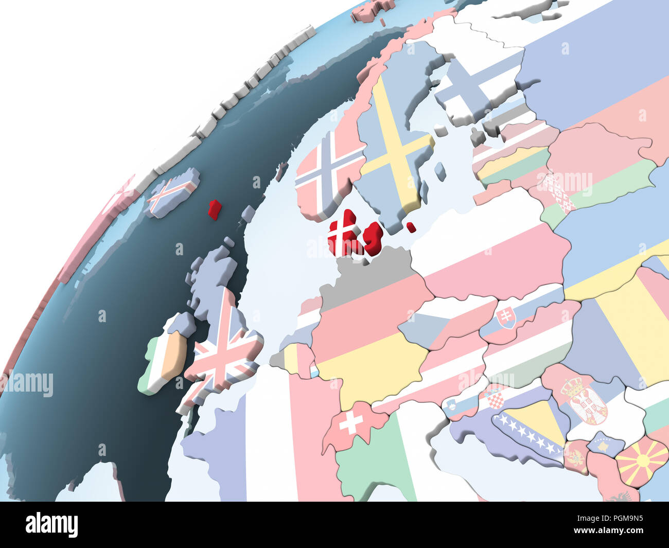 Denmark on bright political globe with embedded flag. 3D illustration ...